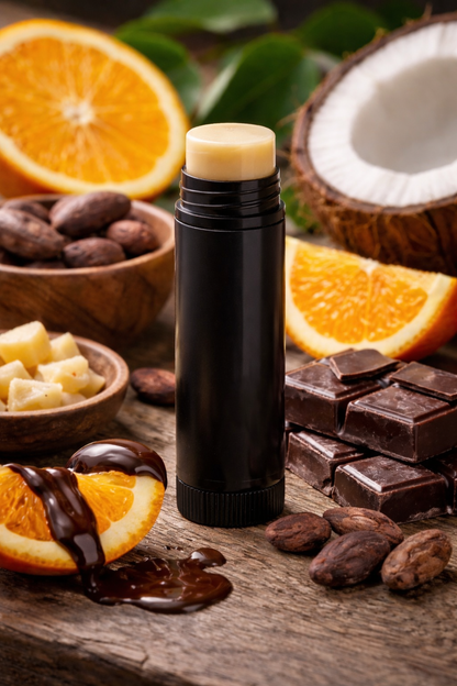 Black lip balm stick on a wooden surface with oranges, coconuts, and chocolate.