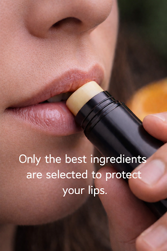 Person applying lip balm with text 'Only the best ingredients are selected to protect your lips.'
