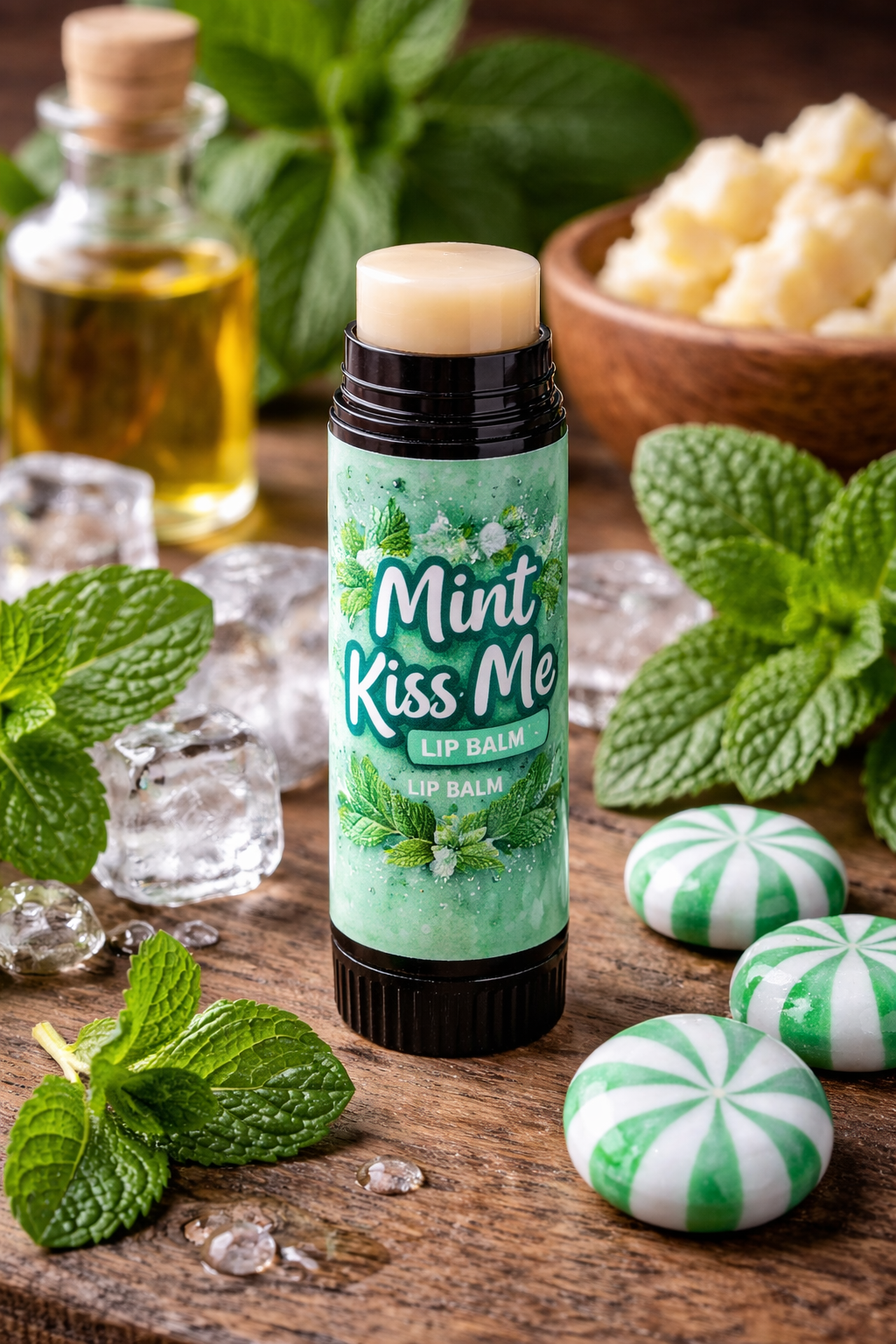 Lip balm labeled 'Mint Kiss Me' surrounded by mint leaves, a bottle of oil, and candy on a wooden surface.